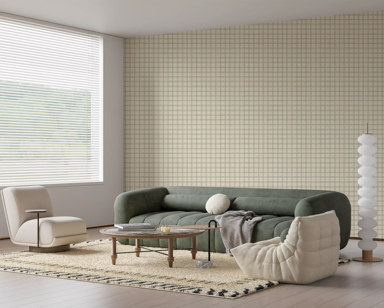Living room styled soft gingham canvas wallpaper with muted plaid grid