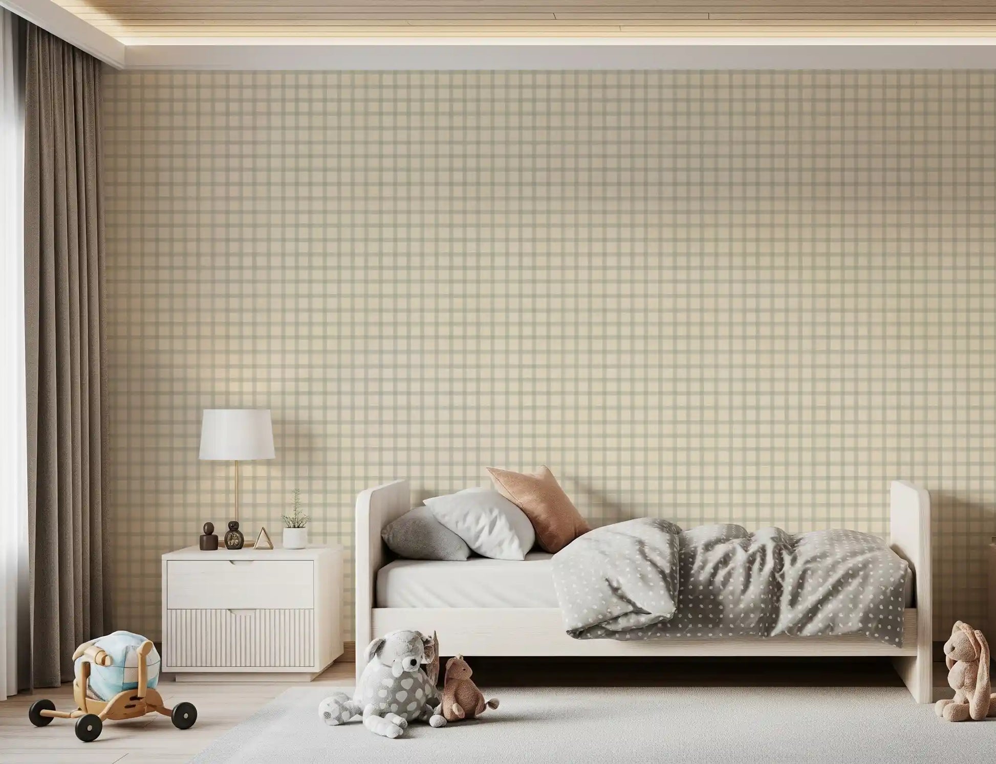 Soft neutral plaid wallpaper with gingham lines and fabric texture look