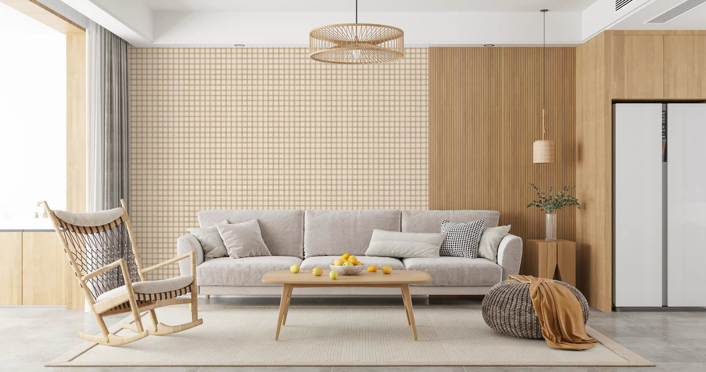 Home office wallpaper with soft gingham vintage pattern and a subtle canvas-look grid