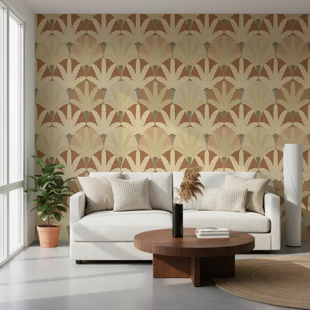 Earthy fan fronds wallpaper adds warm deco rhythm to this inviting living room 
