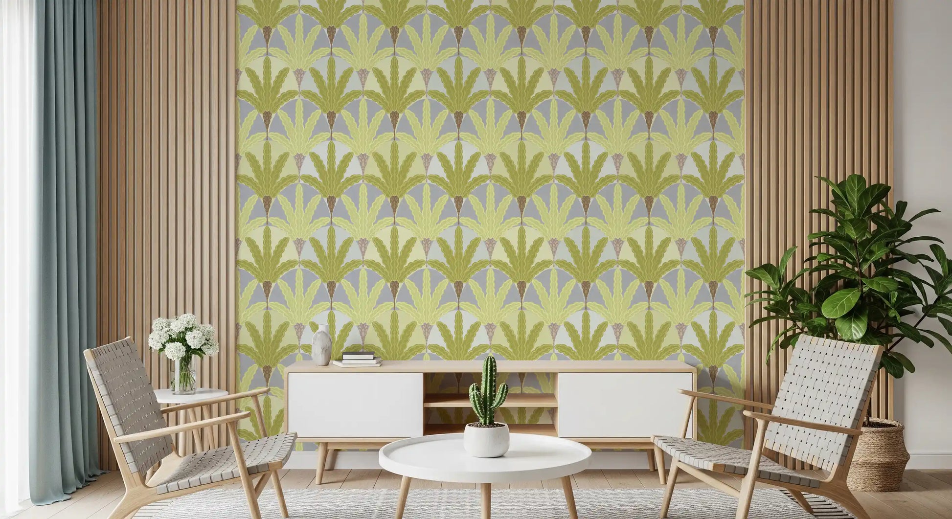 Living area appeal grows with verdant botanical wallpaper detail