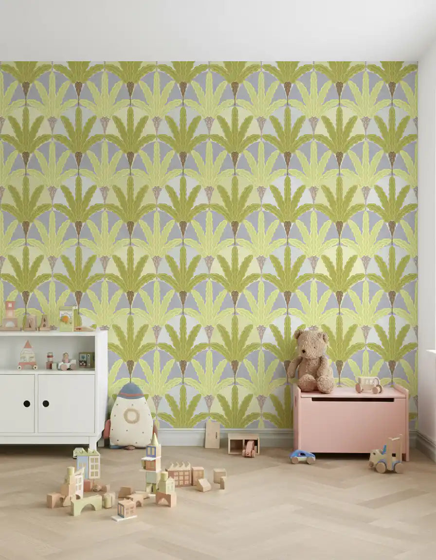 Nursery styling feels serene with muted green deco fan wallpaper