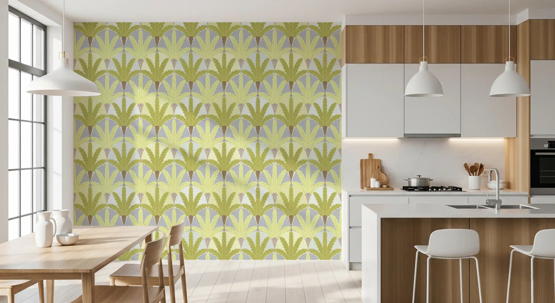 In the Kitchen and dining area, verdant fan wallpaper layers soft vintage structure
