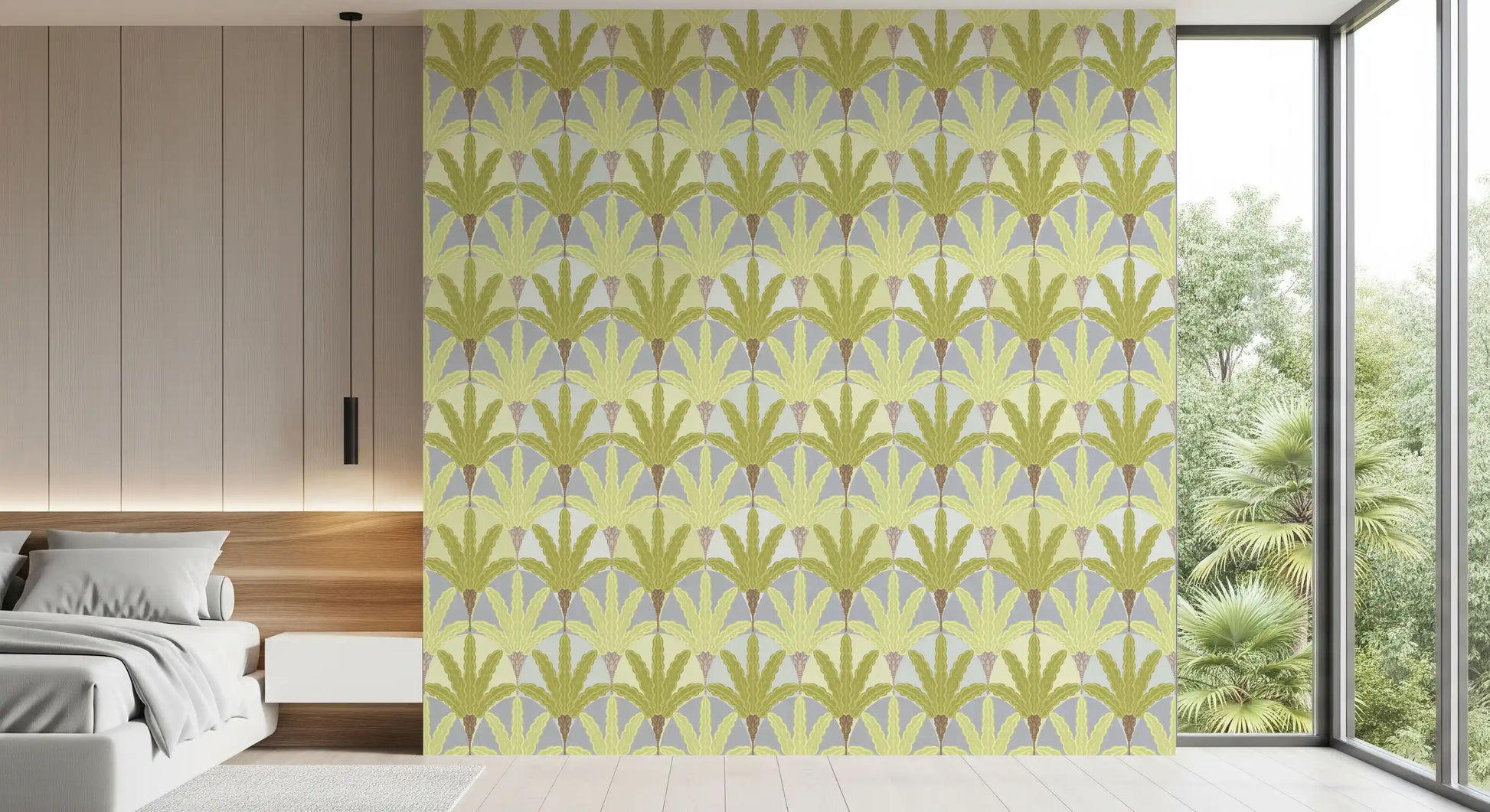 Soft sage botanical fan wallpaper suits a restful bedroom setting