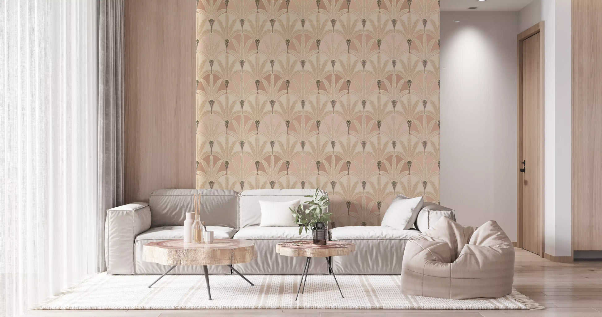 Living room wallpaper with blush deco foliage on a warm neutral patterned ground