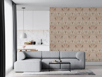 Hallway wallpaper showing blush leaf motifs in an elegant deco repeat arrangement