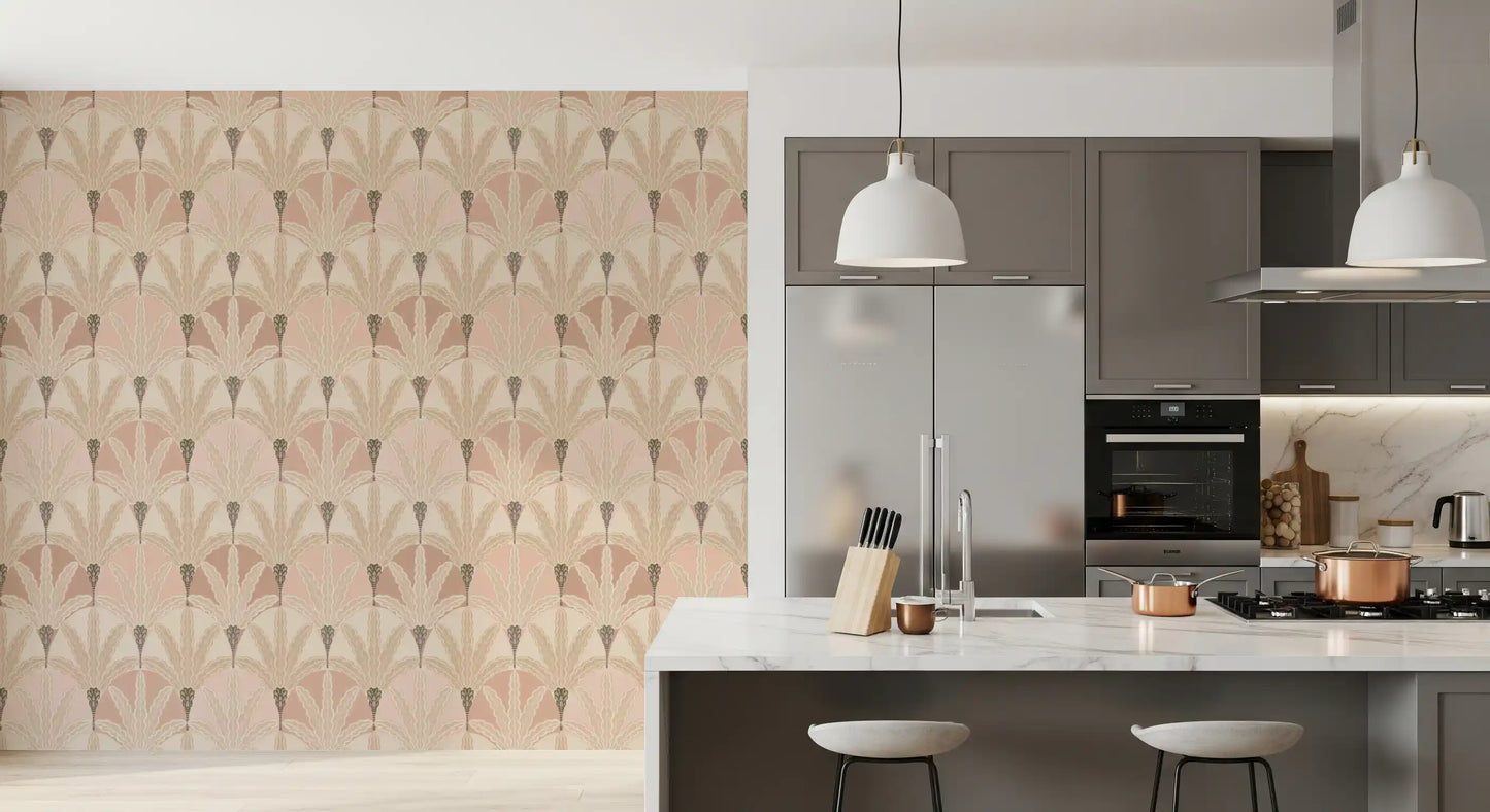 Kitchen wallpaper with blush deco foliage in a refined repeat layout design flow