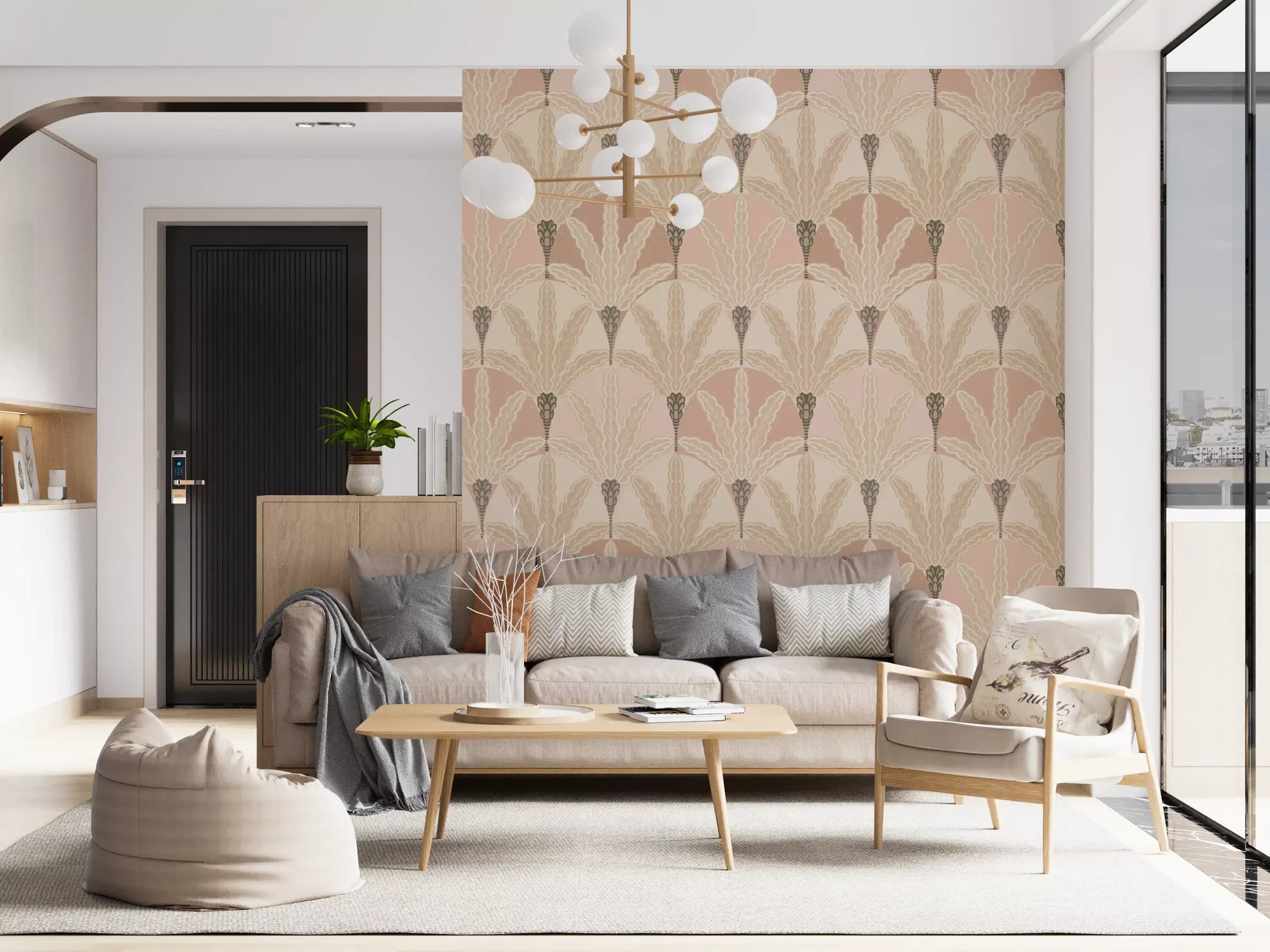 Hone office wallpaper with blush deco foliage and balanced botanical symmetry throughout