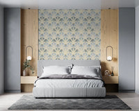 In the Bedroom, serene leaf wallpaper creates balanced botanical structure