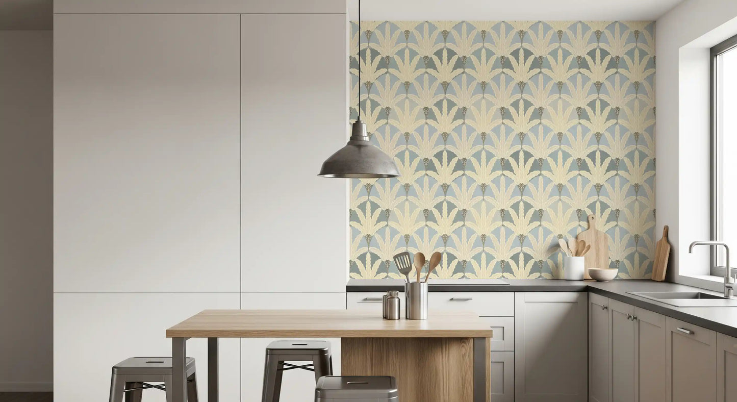 Kitchen and dining area carry deco foliage wallpaper with a dusty blue-grey base