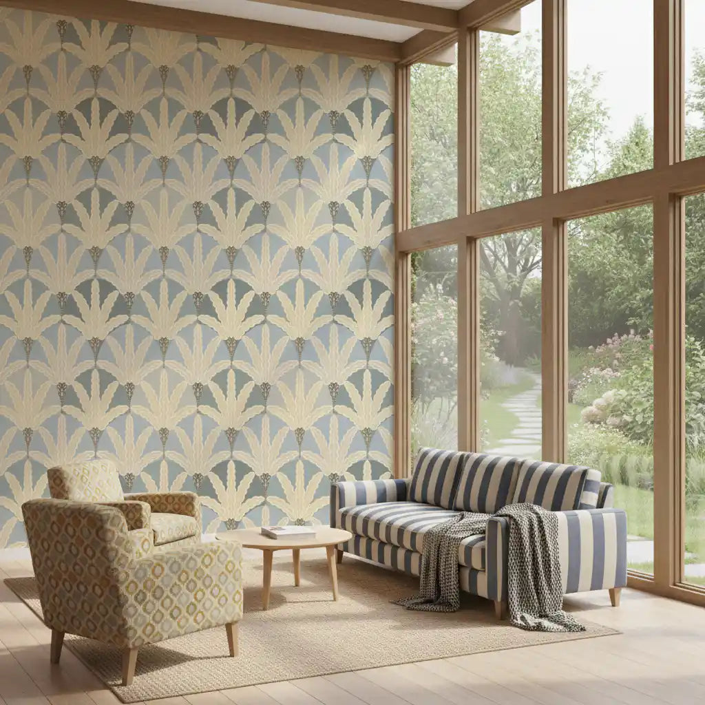Hallway feature art deco foliage wallpaper with gentle repeat flow