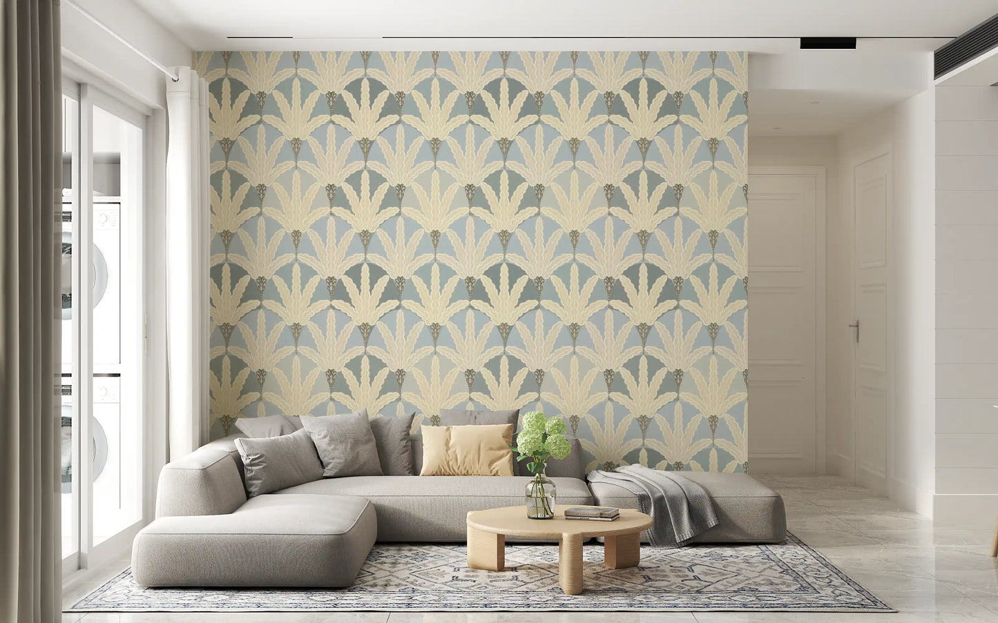 Living room styled in serene deco foliage wallpaper with cream leaf rhythm