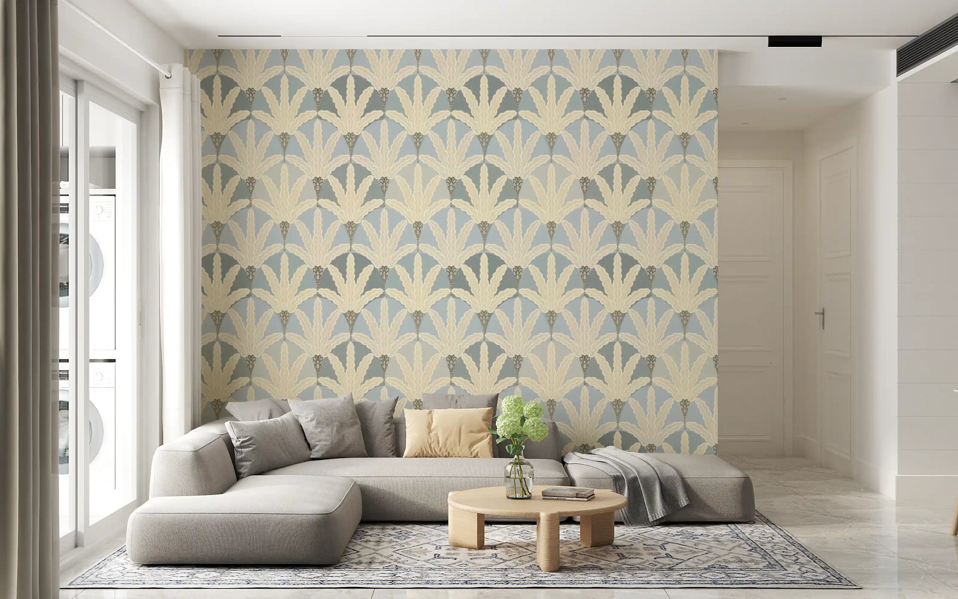 Living room styled in serene deco foliage wallpaper with cream leaf rhythm