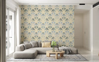Living room styled in serene deco foliage wallpaper with cream leaf rhythm