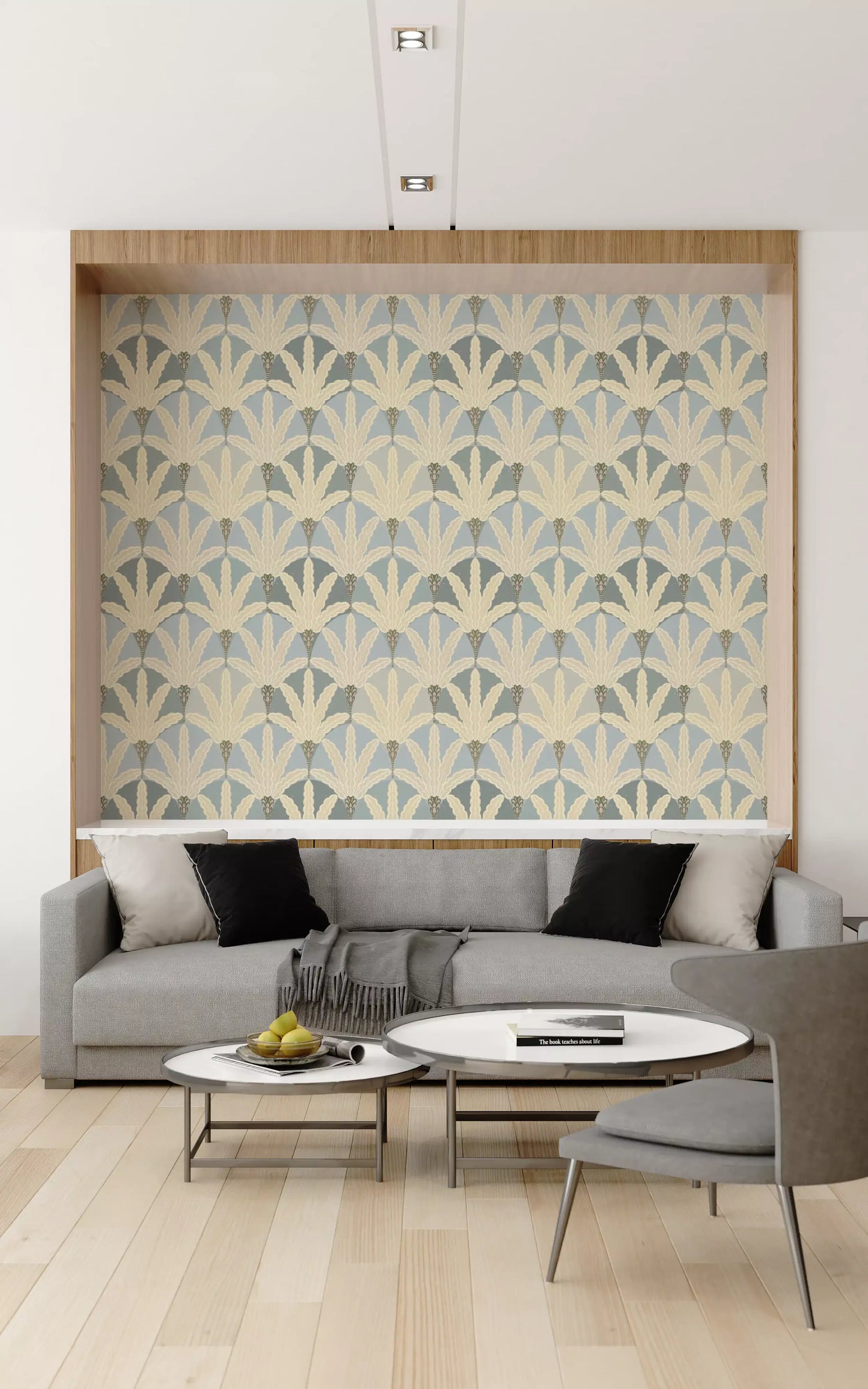 Hallway surfaces feel refined in serene deco foliage wallpaper tones