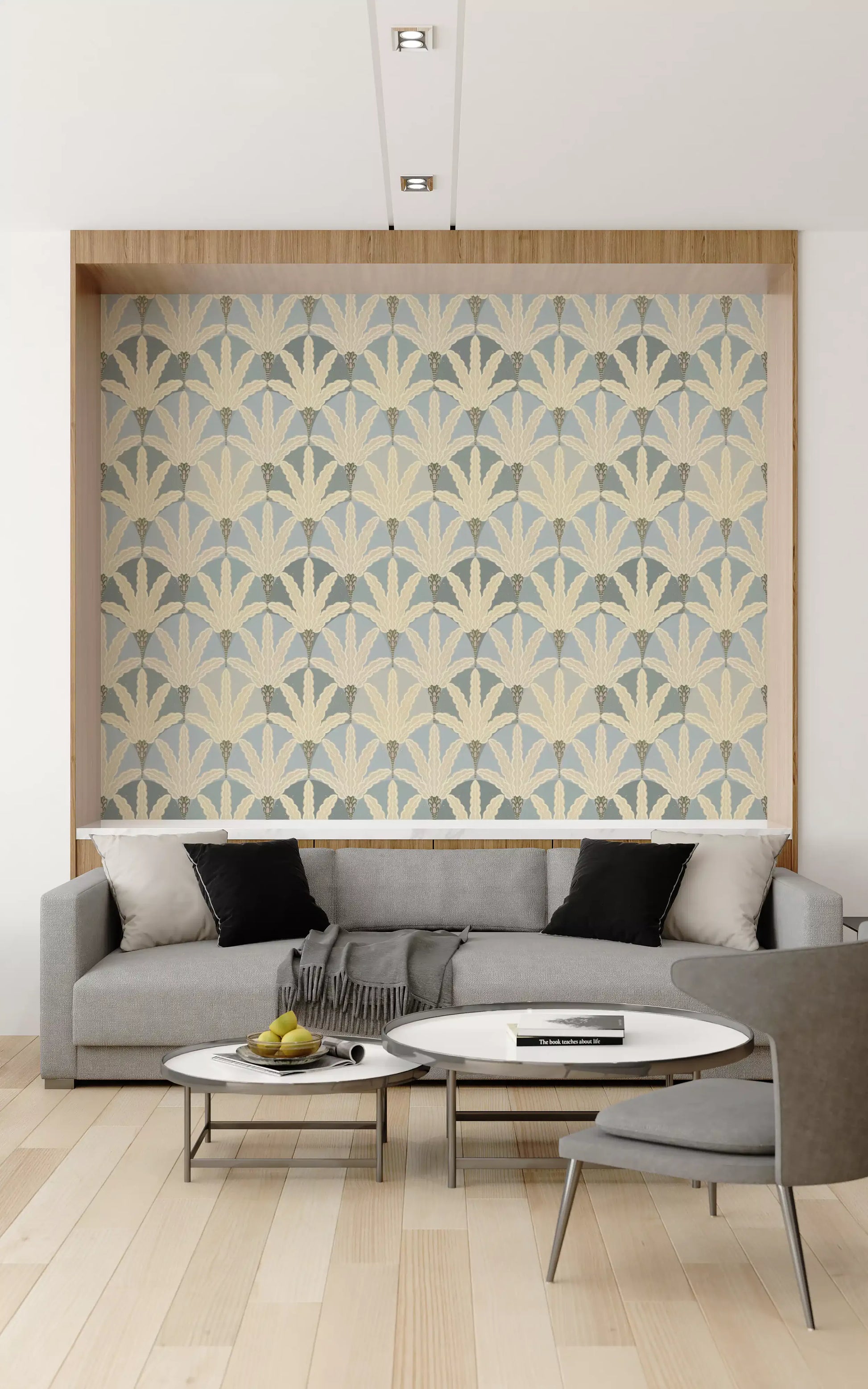 Hallway surfaces feel refined in serene deco foliage wallpaper tones