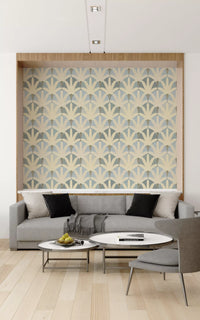Hallway surfaces feel refined in serene deco foliage wallpaper tones