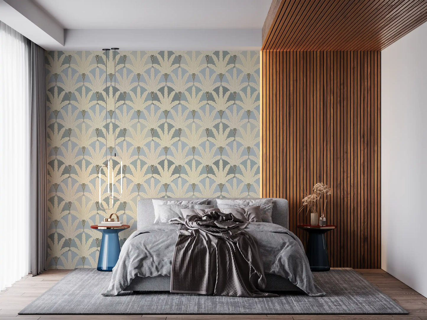 A calm Bedroom setting suits wallpaper with layered deco foliage symmetry