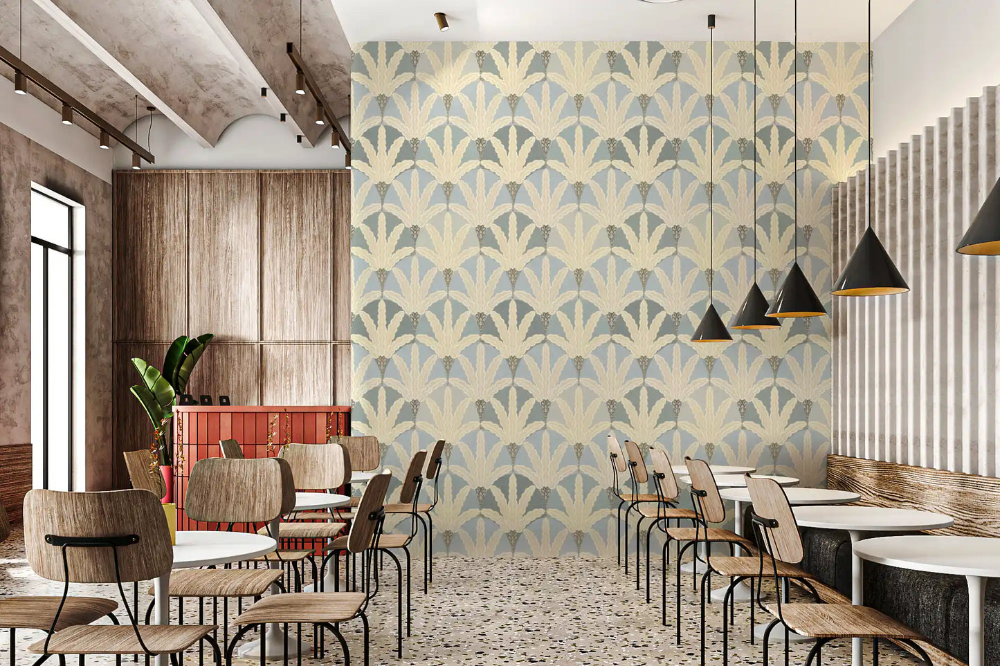 Restaurants charm grows with art deco foliage wallpaper in muted neutrals