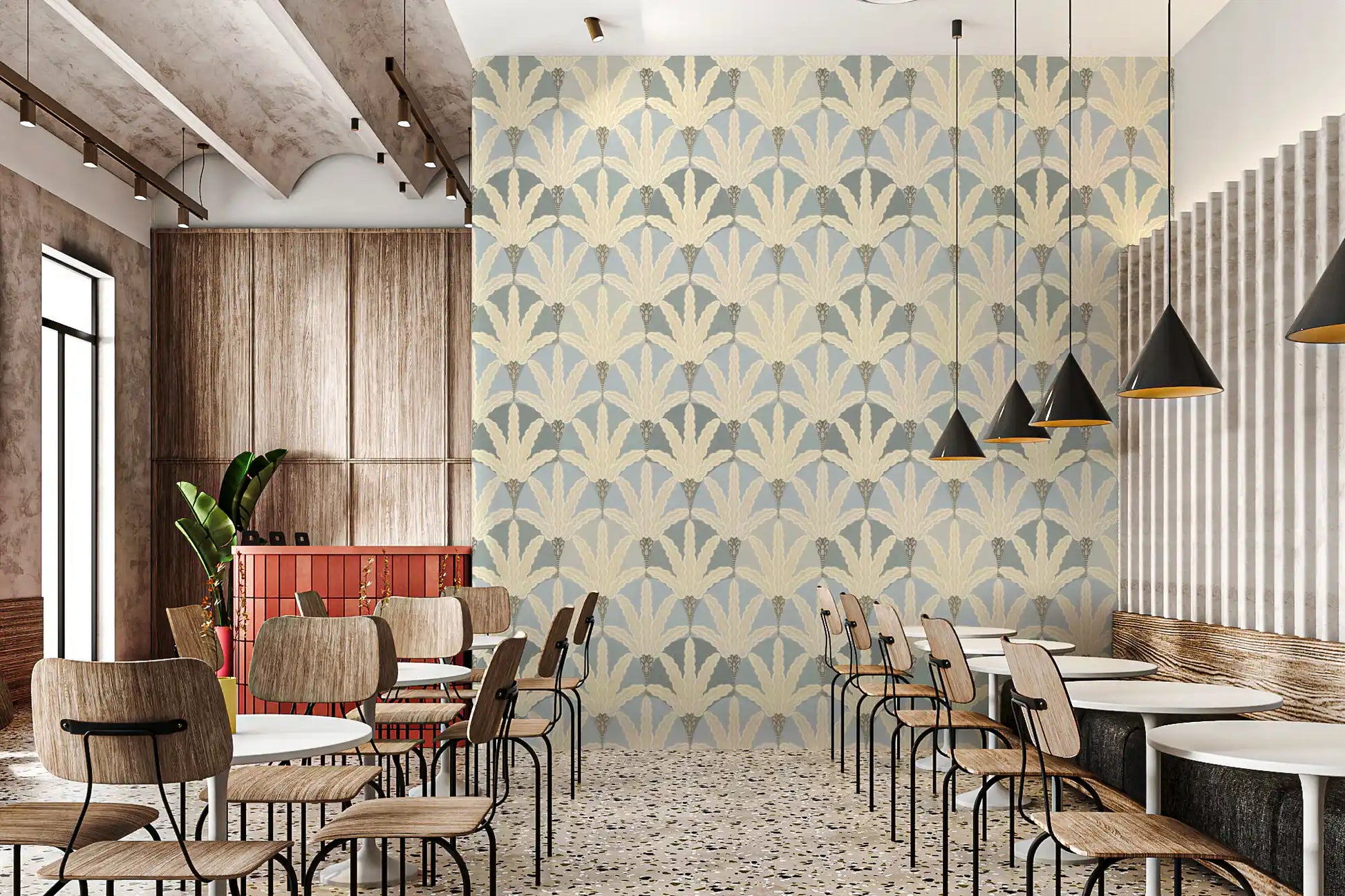 Restaurants charm grows with art deco foliage wallpaper in muted neutrals