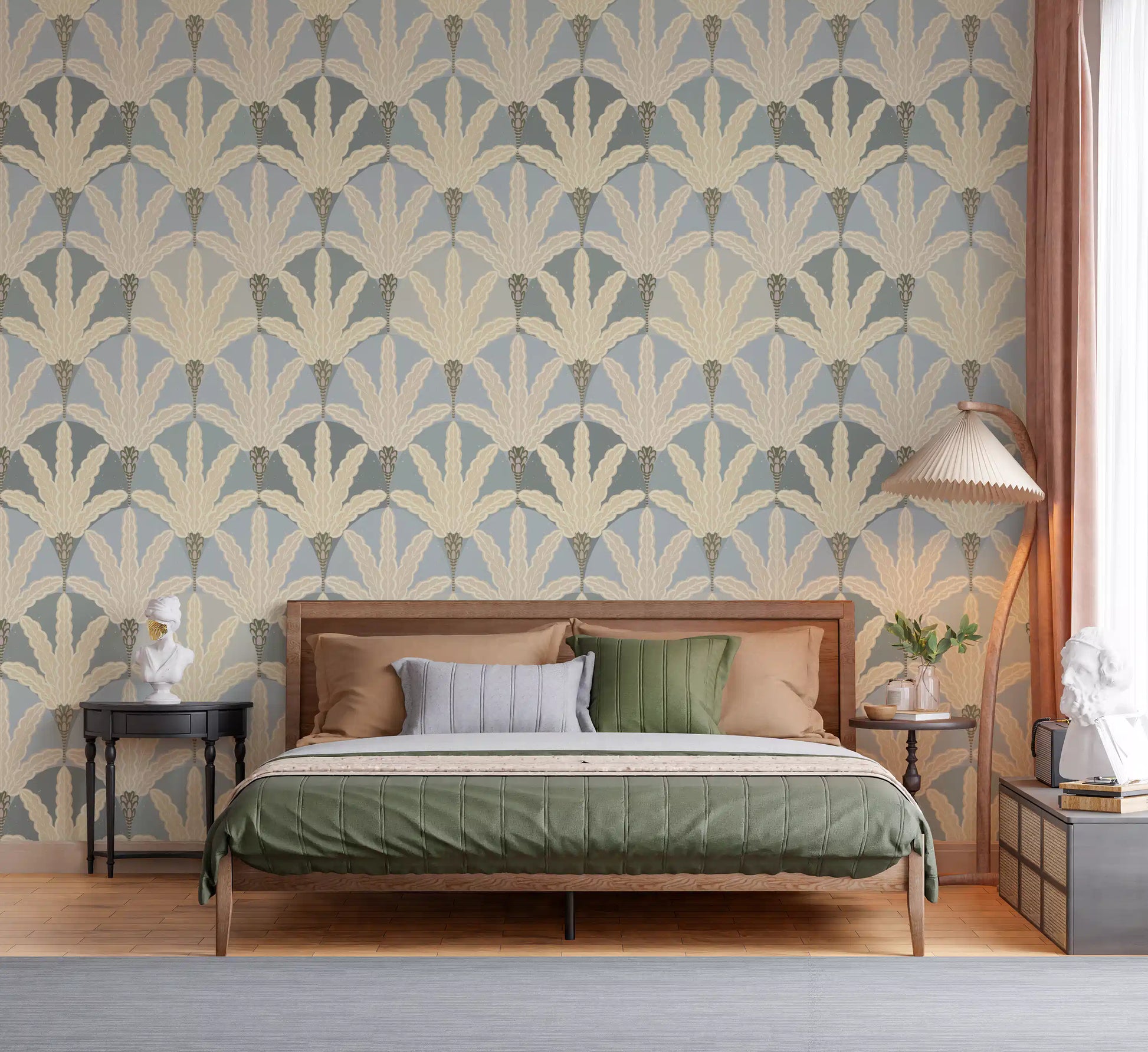 Guest room styling feels softer with serene deco wallpaper and ivory leaves