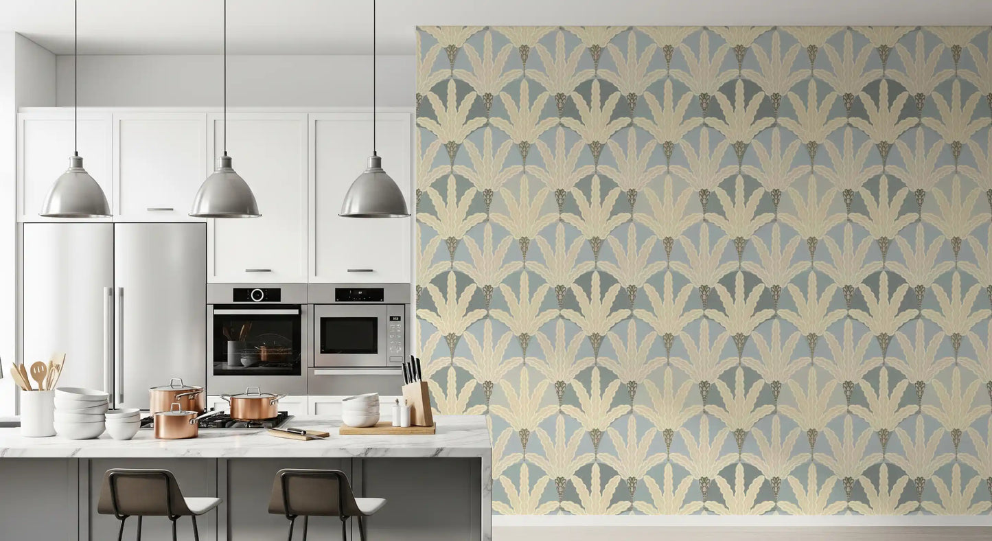 Dining and kitchen spaces stand out in serene deco foliage wallpaper with tailored detail