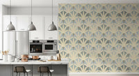 Dining and kitchen spaces stand out in serene deco foliage wallpaper with tailored detail