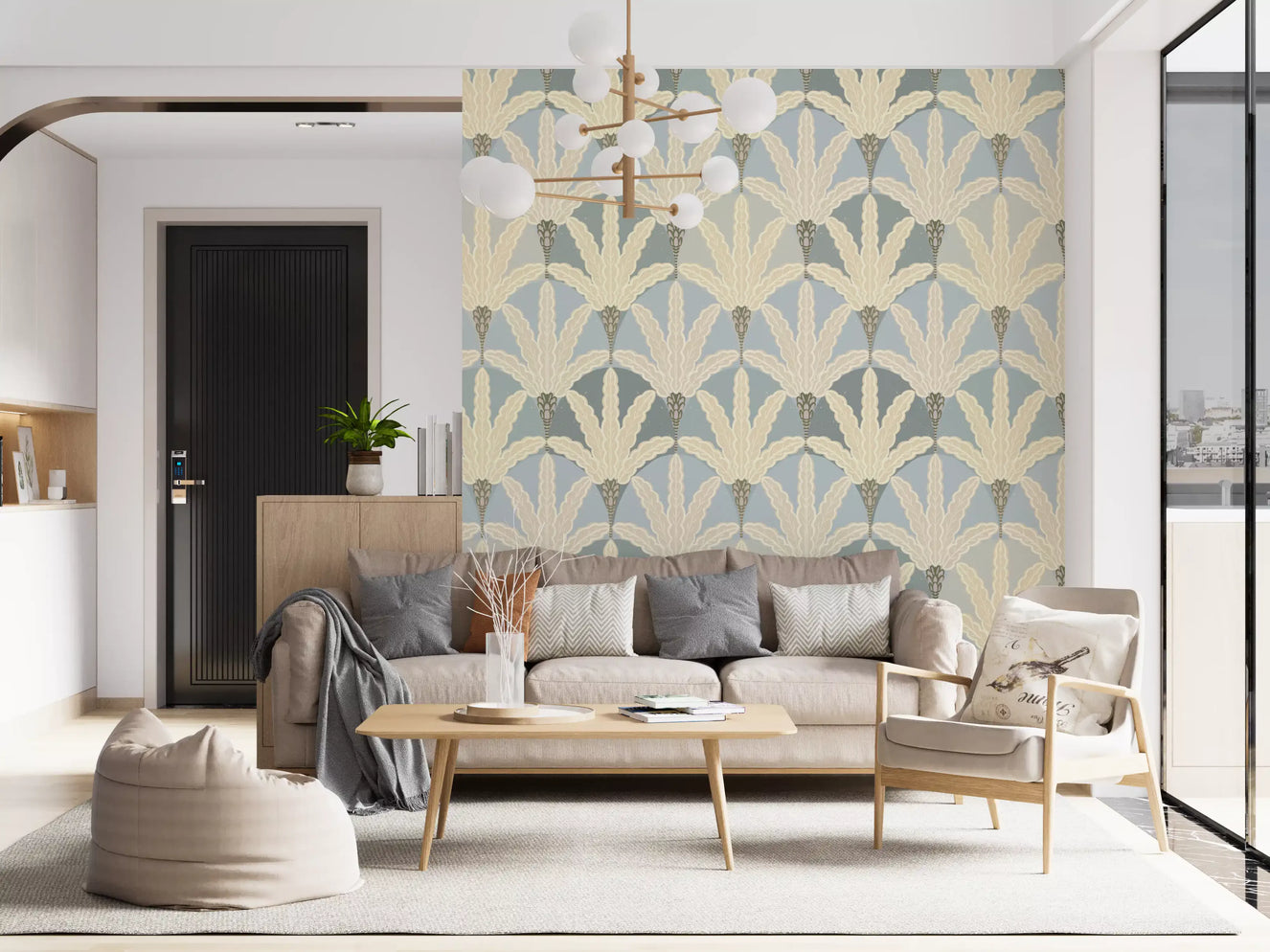 For the bedroom, serene deco foliage wallpaper adds a soft vintage repeat