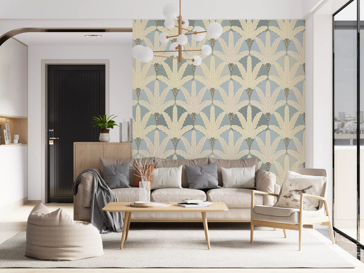 For the bedroom, serene deco foliage wallpaper adds a soft vintage repeat