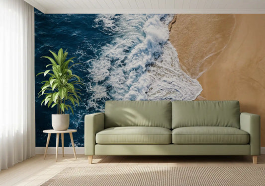 Living room wall mural with sea vs land shoreline contrast and foamy surf detail