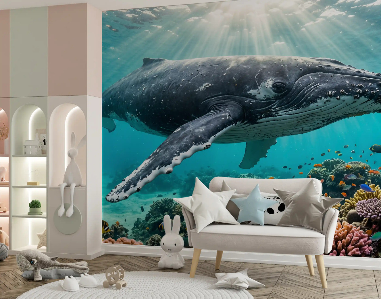 In the nursery , underwater paradise wall mural glows above a colourful coral reef