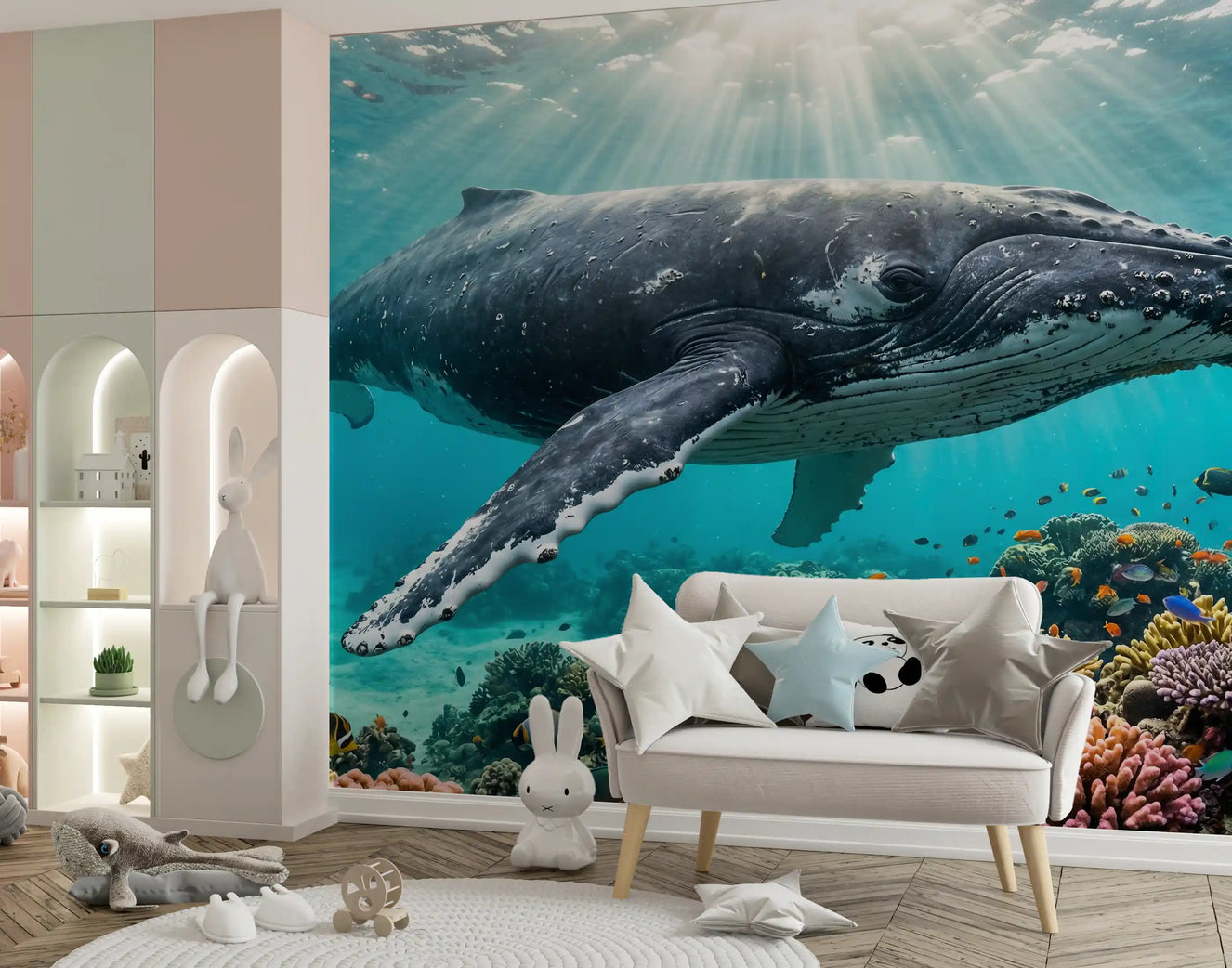 In the nursery , underwater paradise wall mural glows above a colourful coral reef