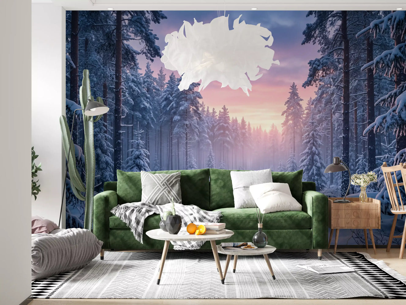 Living room wall mural with snowy path and pastel winter forest glow at dawn light