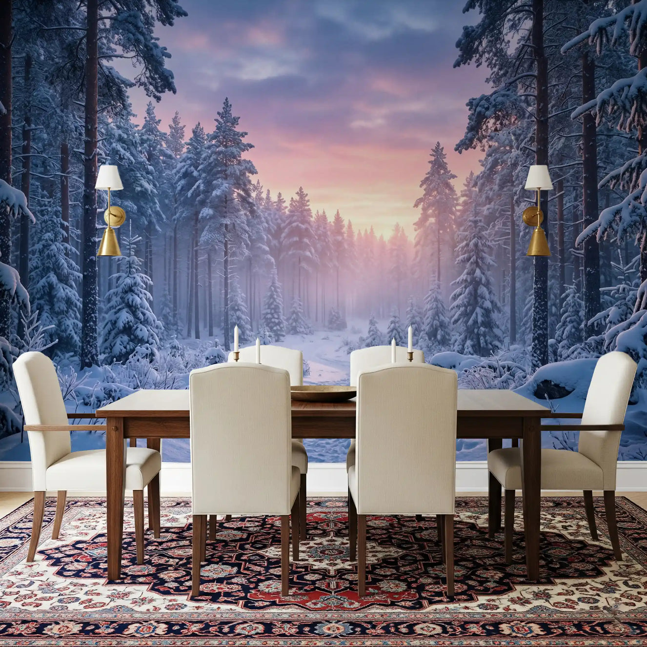 Dining room wall mural framing snowy path and misty pastel pine woodland depth view