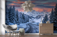 Hallway wall mural carries alpine road sunset curves through an icy pine valley