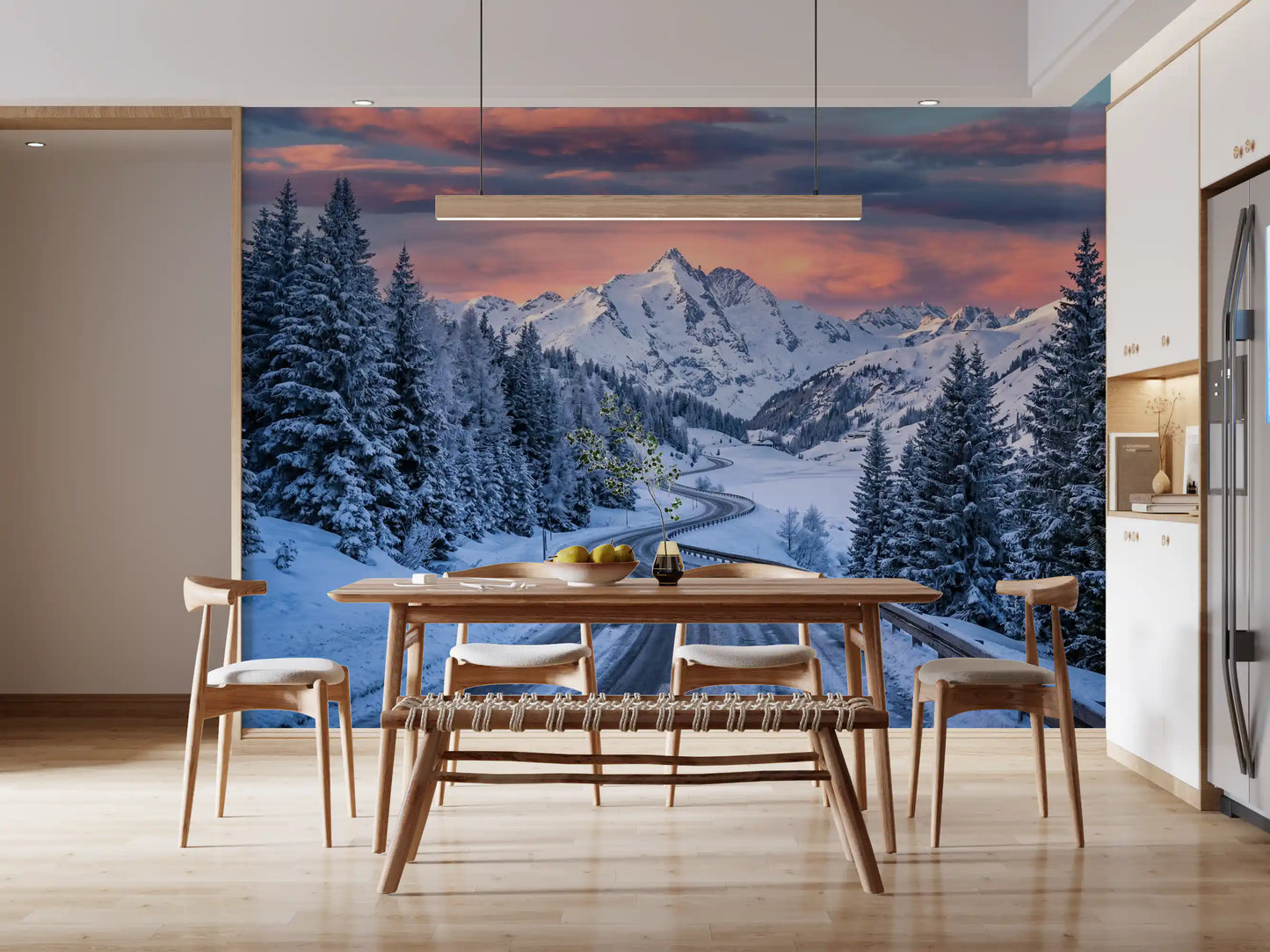 Mountain road sunset wall mural gives the dining room crisp snowbound peaks ahead