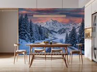 Mountain road sunset wall mural gives the dining room crisp snowbound peaks ahead