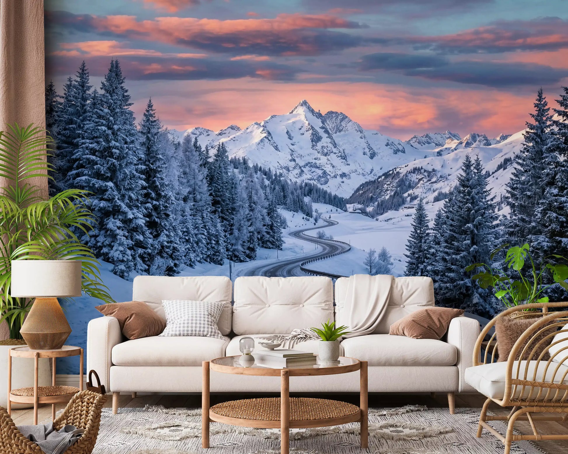 Alpine road sunset wall mural with snowy curve and glowing mountain horizon view
