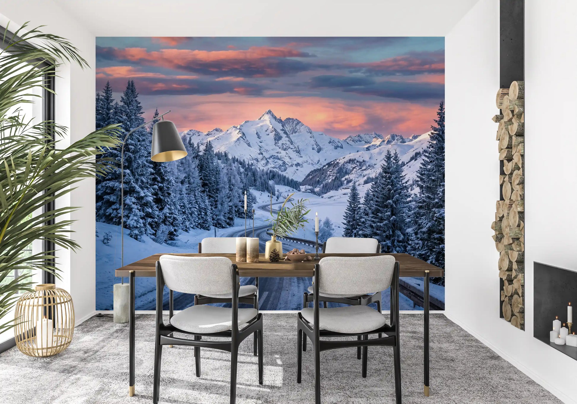 Dining room wall mural pairs alpine road sunset tones with winding snowy forest detail