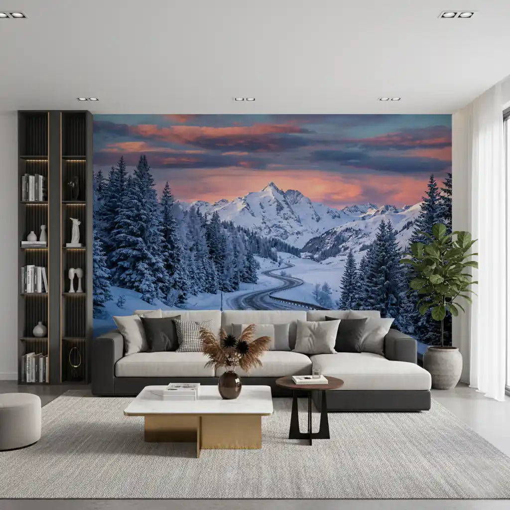 Home Office wall mural captures a snowy mountain route under glowing sunset light