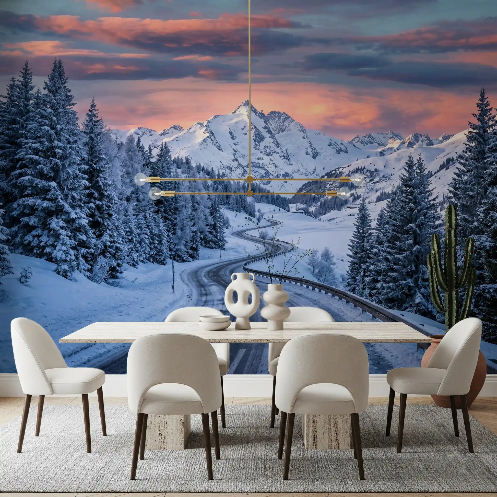 Winter peak Road wall mural adds a warm horizon glow across the Dining space 