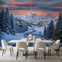 Winter peak Road wall mural adds a warm horizon glow across the Dining space 