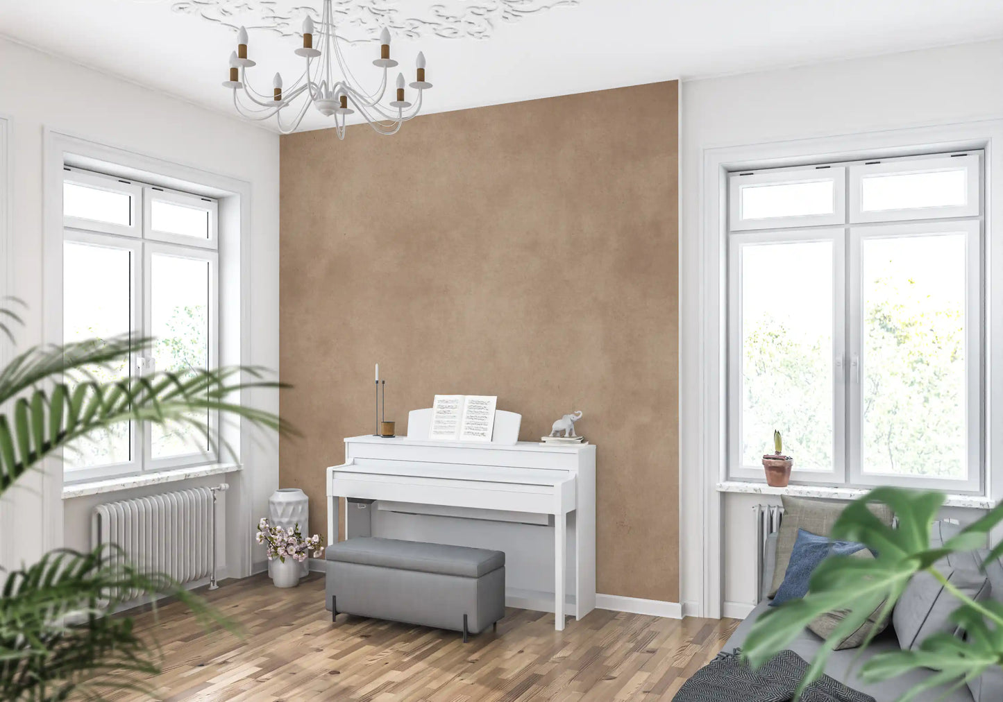 Warm blush pink wall mural with smooth texture in hallway 