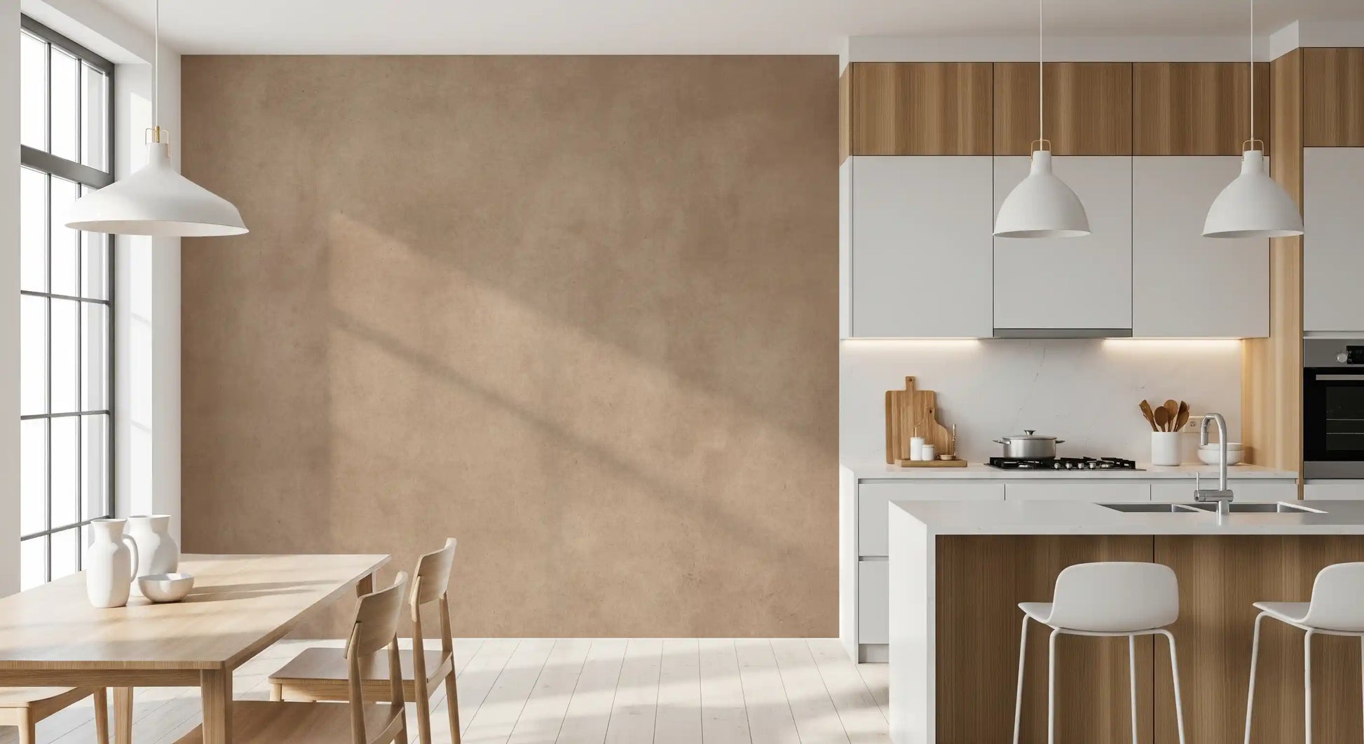 Subtle textured blush wall mural with matte look in dining area
