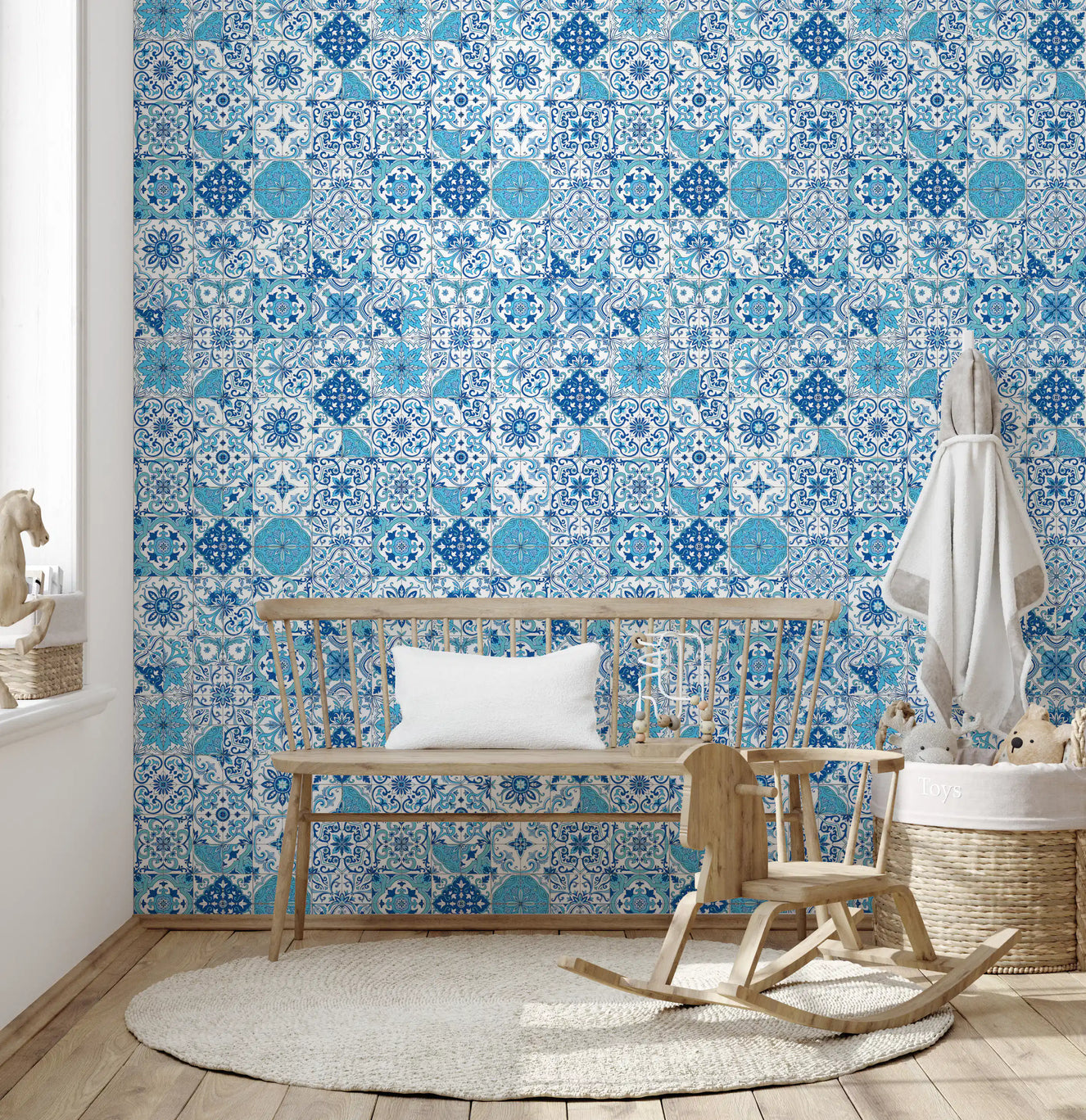 Blue tile wallpaper with repeating square motifs and white base