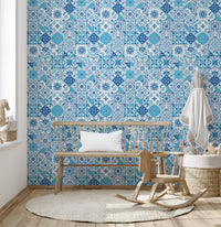 Blue tile wallpaper with repeating square motifs and white base