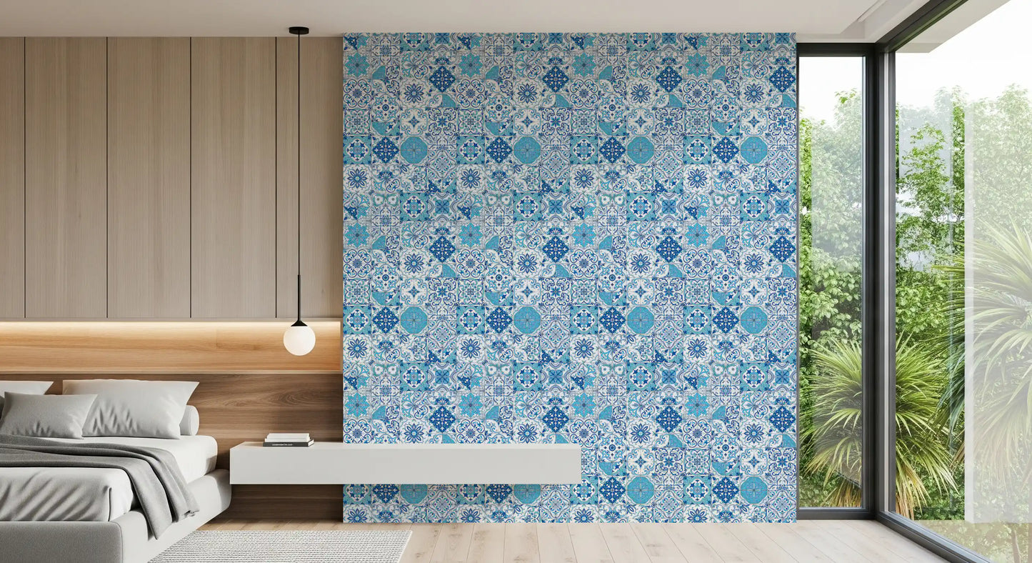 Pattern wallpaper with traditional Azulejo tiles inspired blue motifs