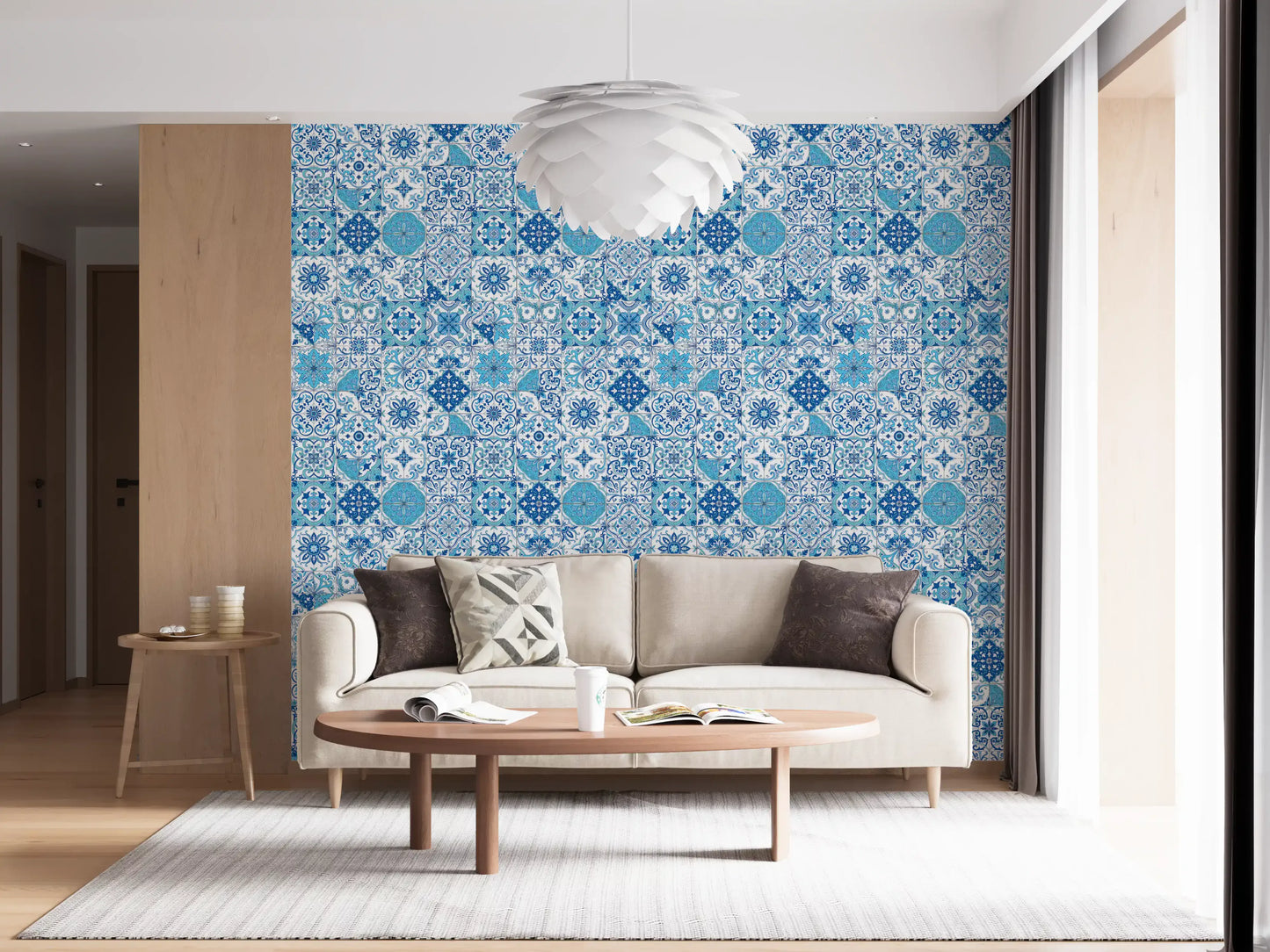 Azulejo Tiles 2 wallpaper in a living room with blue tile grid pattern