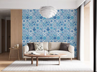 Azulejo Tiles 2 wallpaper in a living room with blue tile grid pattern