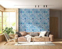 Pattern tile wallpaper for a hallway with ceramic blue design